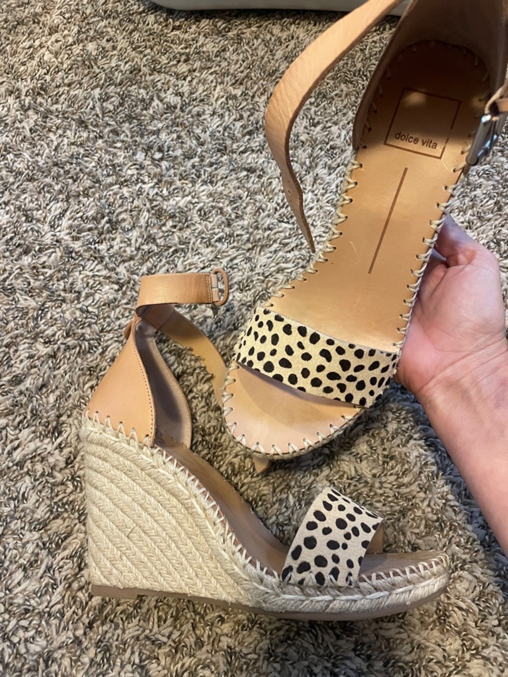 Dolce Vita Tan Wedge Sandals with Black-Spotted Leopard Strap